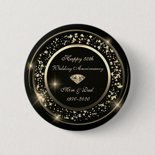 Bóton Redondo 5.08cm Dourado Diamante Brilhante Preto 50º Aniversário