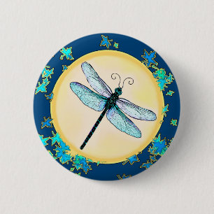 Bóton Redondo 5.08cm Dragonfly Azul com Botão de Folhas