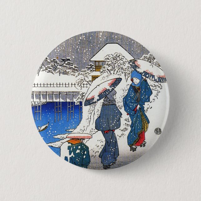 Bóton Redondo 5.08cm Duas senhoras conversando na neve, Ando Hiroshige (Frente)
