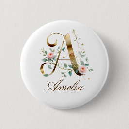 Bóton Redondo 5.08cm Elegant Gold Floral Letter A Wedding Button