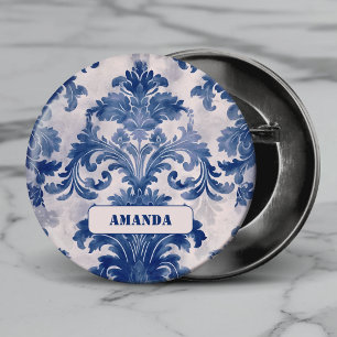 Bóton Redondo 5.08cm Elegante damasco Azul monograma toile de jouy