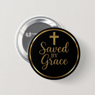 Bóton Redondo 5.08cm Elegante Salvo Pela Graça Preto e Dourado Cristão