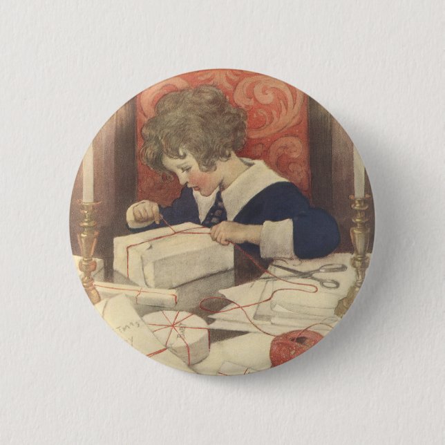 Bóton Redondo 5.08cm Embrulhando Presentes de Natal, Jessie Willcox Smi (Frente)