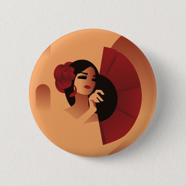 Bóton Redondo 5.08cm Espanhola com fã e rosa vermelha no cabelo (Frente)