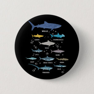 Bóton Redondo 5.08cm Espécies de Tubarões Rostos Biologia Marinha