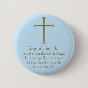 Bóton Redondo 5.08cm Evangelho de João 3:16 Cruz Dourada Simples Azul C