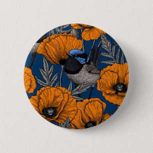 Bóton Redondo 5.08cm Fairy wrens and orange poppy flowers