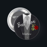 Bóton Redondo 5.08cm Fato de Tuxedo em Equipe - Rosa vermelha<br><div class="desc">Pinos Do Botão Da festa de casamento. Perfeito para os membros da festa de casamento e familiares do noivo. Exemplos para personalização: Mãe do noivo, avó do noivo, pai do noivo, incluindo irmão, irmã, filha, filho, avó, avô, tia, tio, etc.. também pai do noivo, madrinha, madrinha de casamento, melhor homem,...</div>