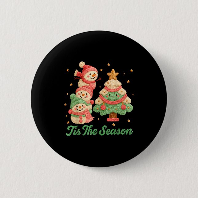 Bóton Redondo 5.08cm Faux Yarn Crochet Snowman And Christmas Tree  (Frente)