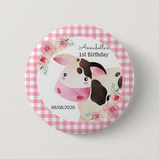 Bóton Redondo 5.08cm Favor de Aniversário da Vaca Gingham Rosa