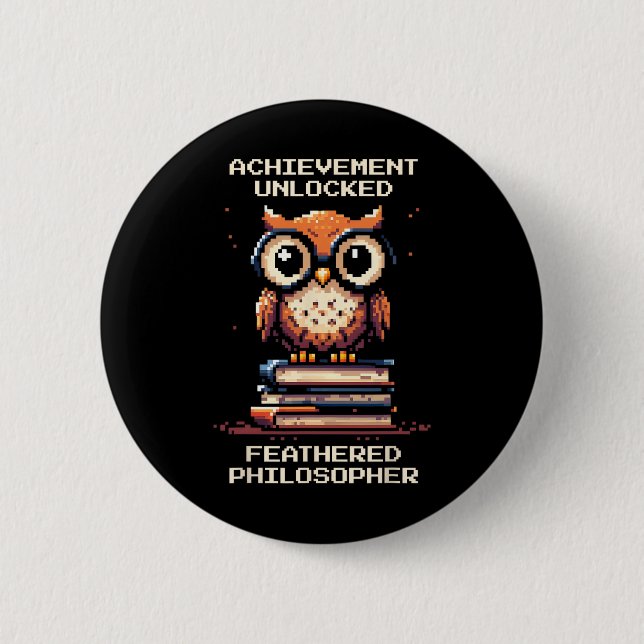 Bóton Redondo 5.08cm Feathered Philosopher Unlocked Owl Retro Gamer  (Frente)