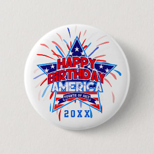 Bóton Redondo 5.08cm Feliz aniversário América 4 de julho BRANCO de i