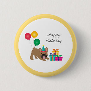 Bóton Redondo 5.08cm Feliz Aniversário Bulldog Francês Colorido