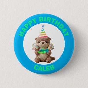 Bóton Redondo 5.08cm Feliz Aniversário Urso de Pelúcia Azul e Verde