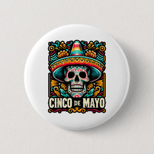 Bóton Redondo 5.08cm Feliz Cinco De Mayo Skeleton Skull Sombrero Mexica