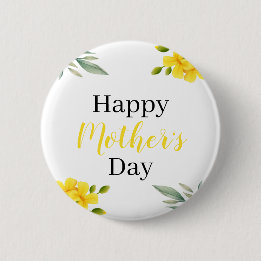 Bóton Redondo 5.08cm Feliz Dia das Mães Floral Amarelo e Folhas
