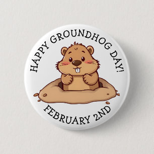Bóton Redondo 5.08cm Feliz Dia do Groundhog 2 de Fevereiro