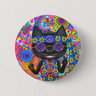 Bóton Redondo 5.08cm Feliz Hippie Gato Óculos de Sol Sinal de Paz Flor