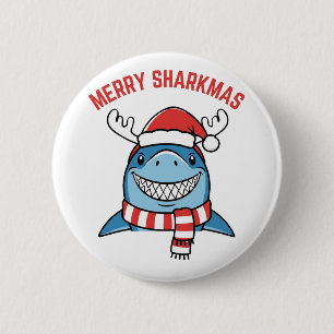 Bóton Redondo 5.08cm Feliz Sharkmas Natal Divertido do Tubarão