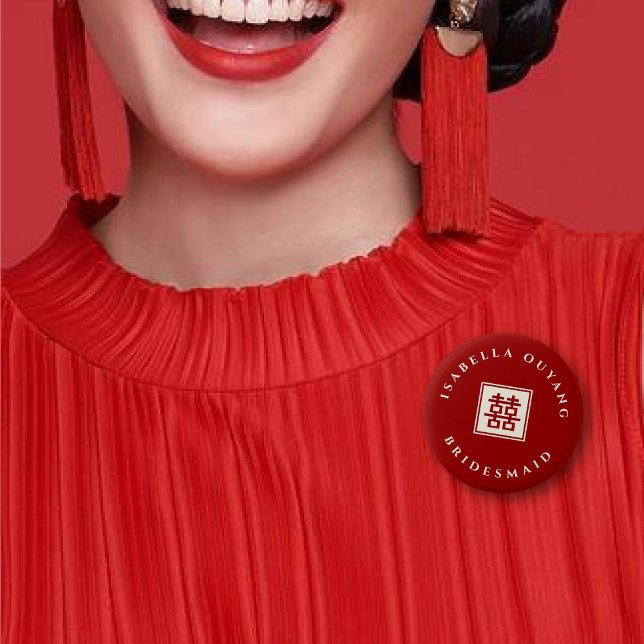 Bóton Redondo 5.08cm Festa de casamento Chinesa Dupla Xi Quadrada Cláss (BRIDESMAID Red Classic Square Double Happiness Chinese Wedding Party Pin Button @ fatfatin_red_knot)