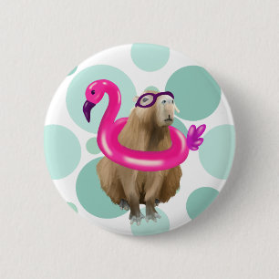 Bóton Redondo 5.08cm Festa piscina, Capybara Bonita Com Flamingo De Cor