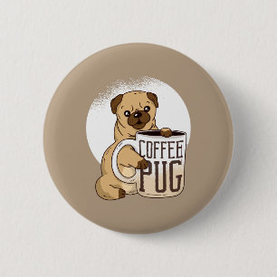 Bóton Redondo 5.08cm filhote de cachorro bonito do pug com uma chávena