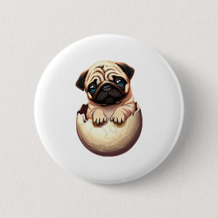 Bóton Redondo 5.08cm Filhote Pug em Ovo - Design de Cachorro Fofo