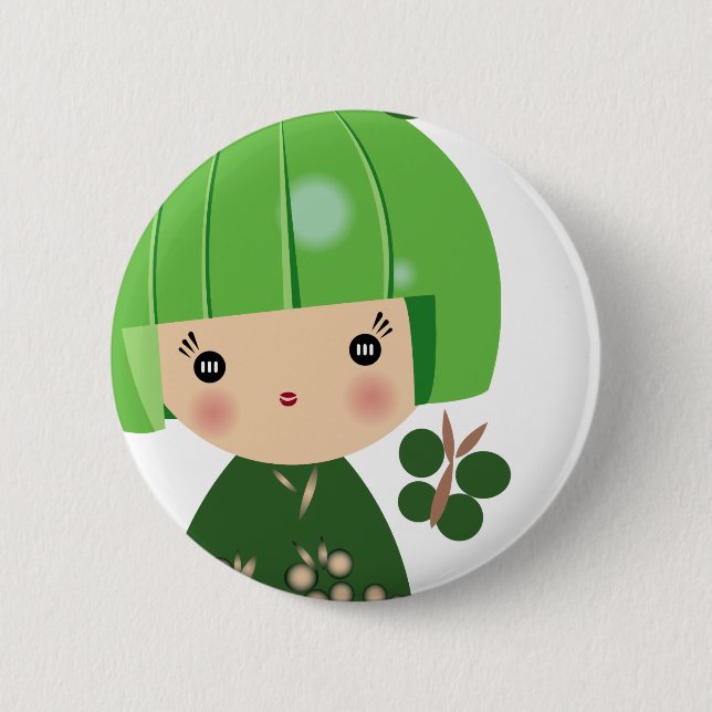 Bóton Redondo 5.08cm Fim verde da objectiva tripla de Kokeshi acima do (Frente)
