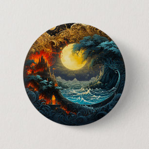 Bóton Redondo 5.08cm Fire Moon Wave Yin Yang Artes Marciais