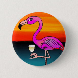 Bóton Redondo 5.08cm Flamingo bebendo Vinho Rosé