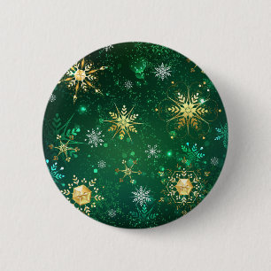 Bóton Redondo 5.08cm Flocos de neve do Ouro Xmas em fundo verde