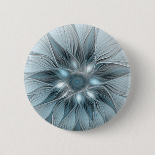 Bóton Redondo 5.08cm Flor Abstrata Alegre Azul Cinza Fractal Floral