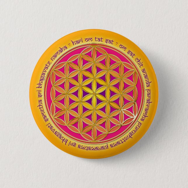 Bóton Redondo 5.08cm Flor da vida com Moola mantra (Frente)