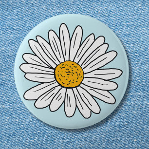 Bóton Redondo 5.08cm Flor de Margarida Branca Arte Floral Doodle