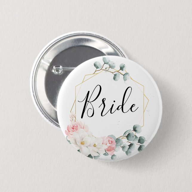 Bóton Redondo 5.08cm Floral Greenery Bridal Party Button - Noiva (Frente & Verso)