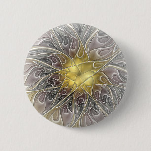 Bóton Redondo 5.08cm Floreio Com Dourada Flor Fractal Abstrato Moderna