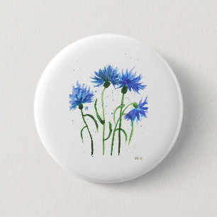 Bóton Redondo 5.08cm Flores azuis de centáurea aquarela