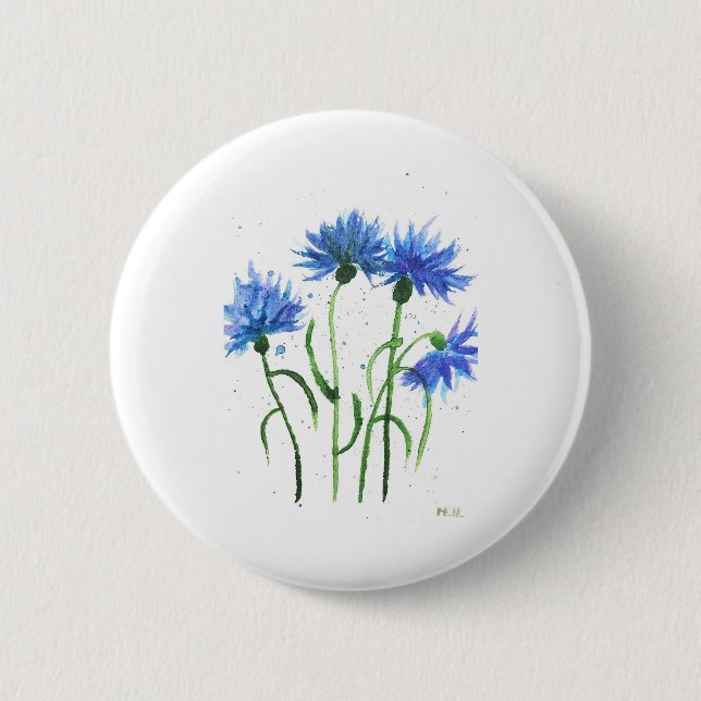 Bóton Redondo 5.08cm Flores azuis de centáurea aquarela (Frente)
