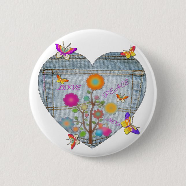 Bóton Redondo 5.08cm Flores Cardíacas Denim Pocket Borboletas (Frente)