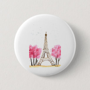 Bóton Redondo 5.08cm Flores cor-de-rosa Elegante Torre Eiffel Paris