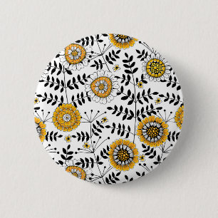 Bóton Redondo 5.08cm Flores e folhas de rabo em amarelo e preto