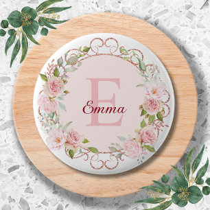 Bóton Redondo 5.08cm Flores Florais de Rosa Cor-de-Rosa em Aquarela com