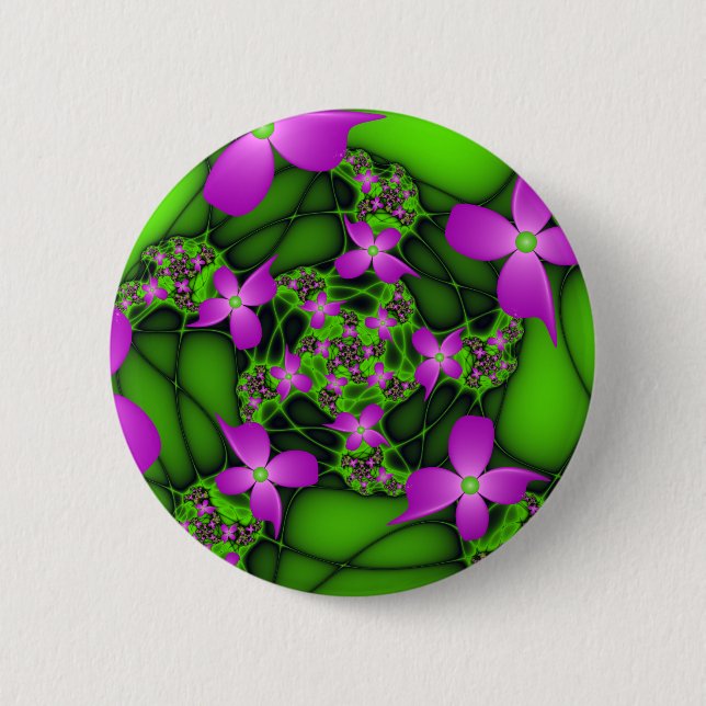 Bóton Redondo 5.08cm Flores Fractais Verdes Rosa-Rosa-Abstrato modernas (Frente)