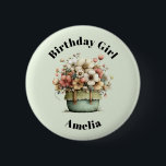 Bóton Redondo 5.08cm Flowers in a Pot Cozy Shabby Cute Birthday Girl<br><div class="desc">A personalized birthday girl button with a whimsical stylish pot of flowers. Green,  pink and cream colors. Set in a green pot with a plaid cloth. Shabby vintage vibe.</div>
