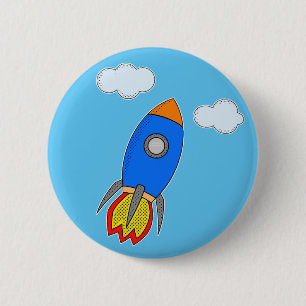 Bóton Redondo 5.08cm Foguete Espacial Desenho Animado No Céu Azul