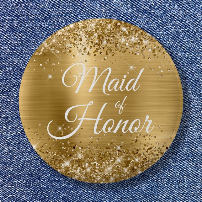 Bóton Redondo 5.08cm Folha de ouro da madrinha de casamento (Maid of Honor Glittery Gold Foil Button)