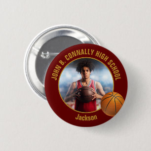 Bóton Redondo 5.08cm Foto de jogador de basquete em dourado e grená no 