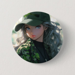Bóton Redondo 5.08cm Garota Anime Caça Militar Camuflagem Kawaii