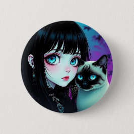 Bóton Redondo 5.08cm Garota de Anime e Gato Siames