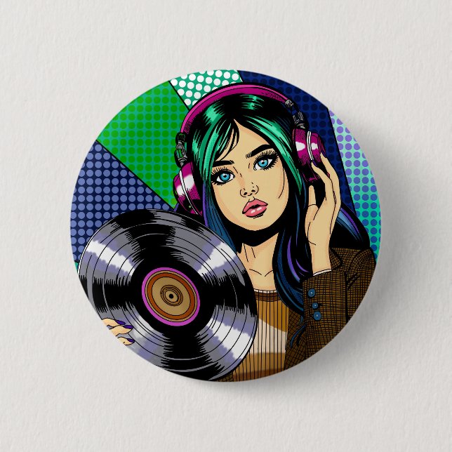 Bóton Redondo 5.08cm Garota Pop Art com Disco (Frente)